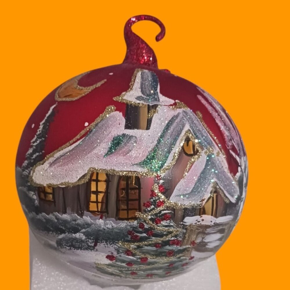 Hand-Painted Glass Christmas Ornament With Winter Village Scene &amp; Glitter